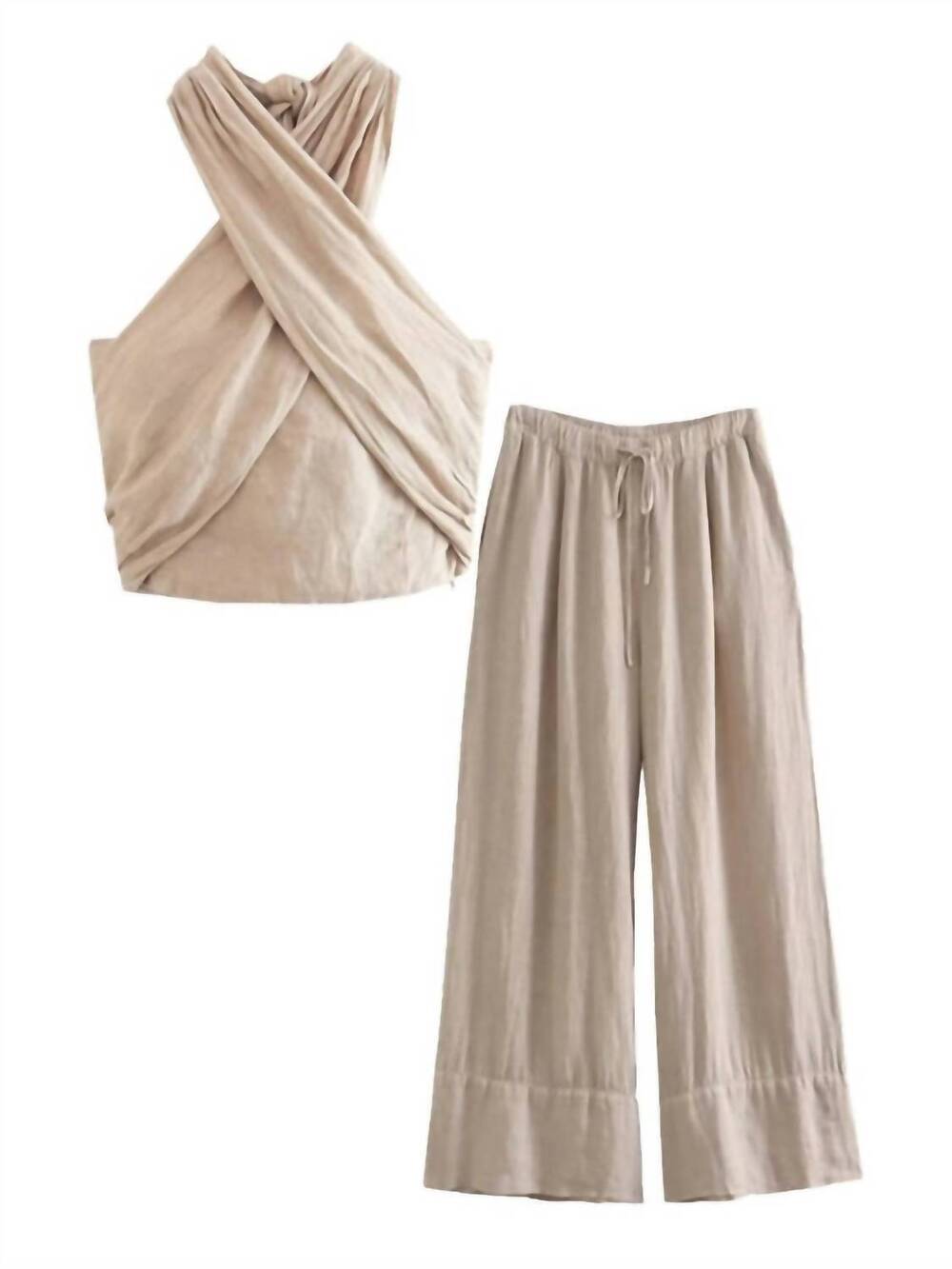 NEW SWEETKAMA women's elowen tie halter top and pant set in khaki